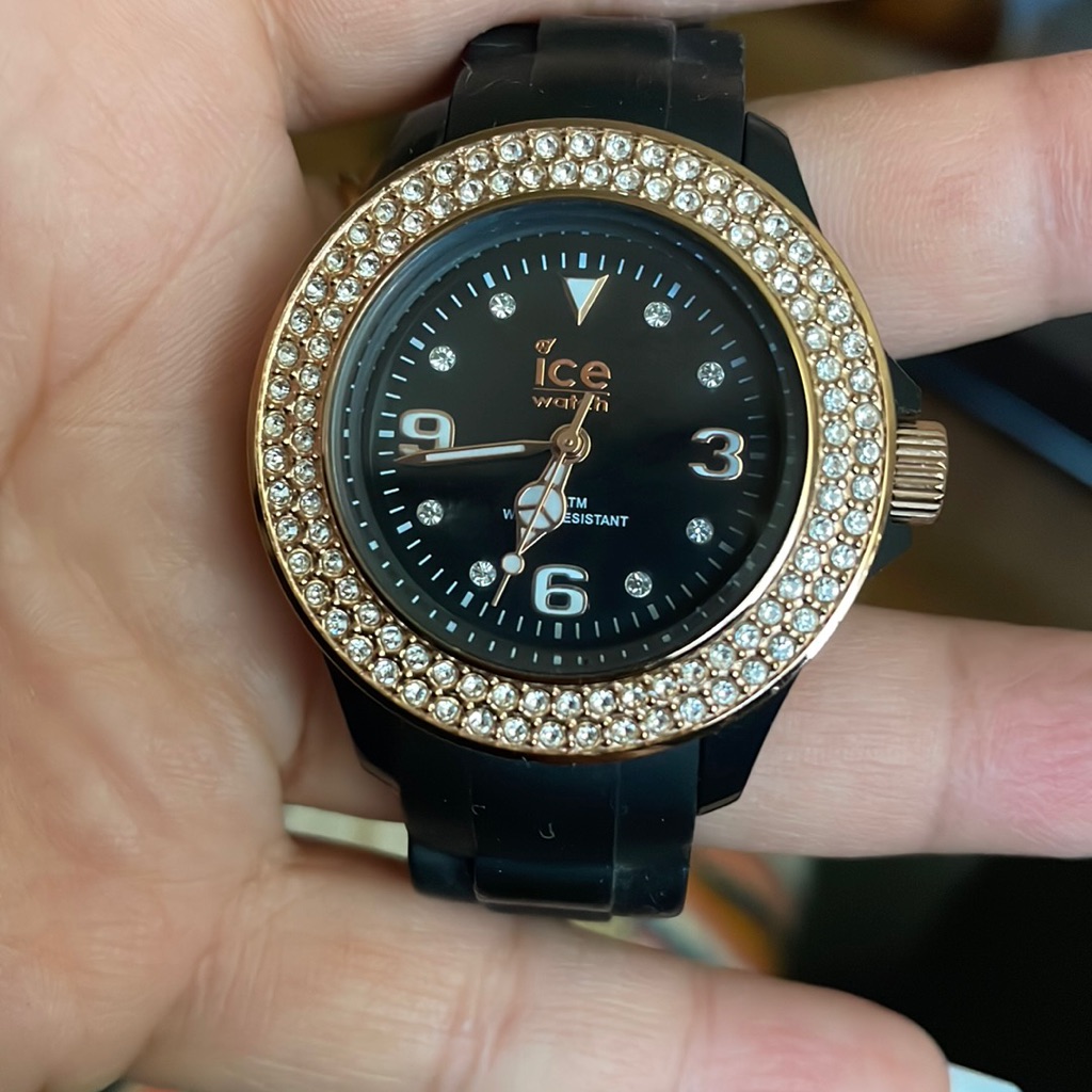 Ice Watch, Black Silicone Band, Rose Gold Accents Swarovski Details. Like New